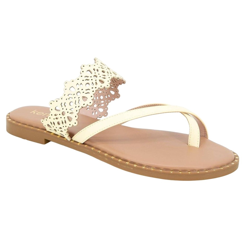 Kensie Masha-B Women Soft Yellow Laser Cut Floral Flat Sandals Size 10M KS251341